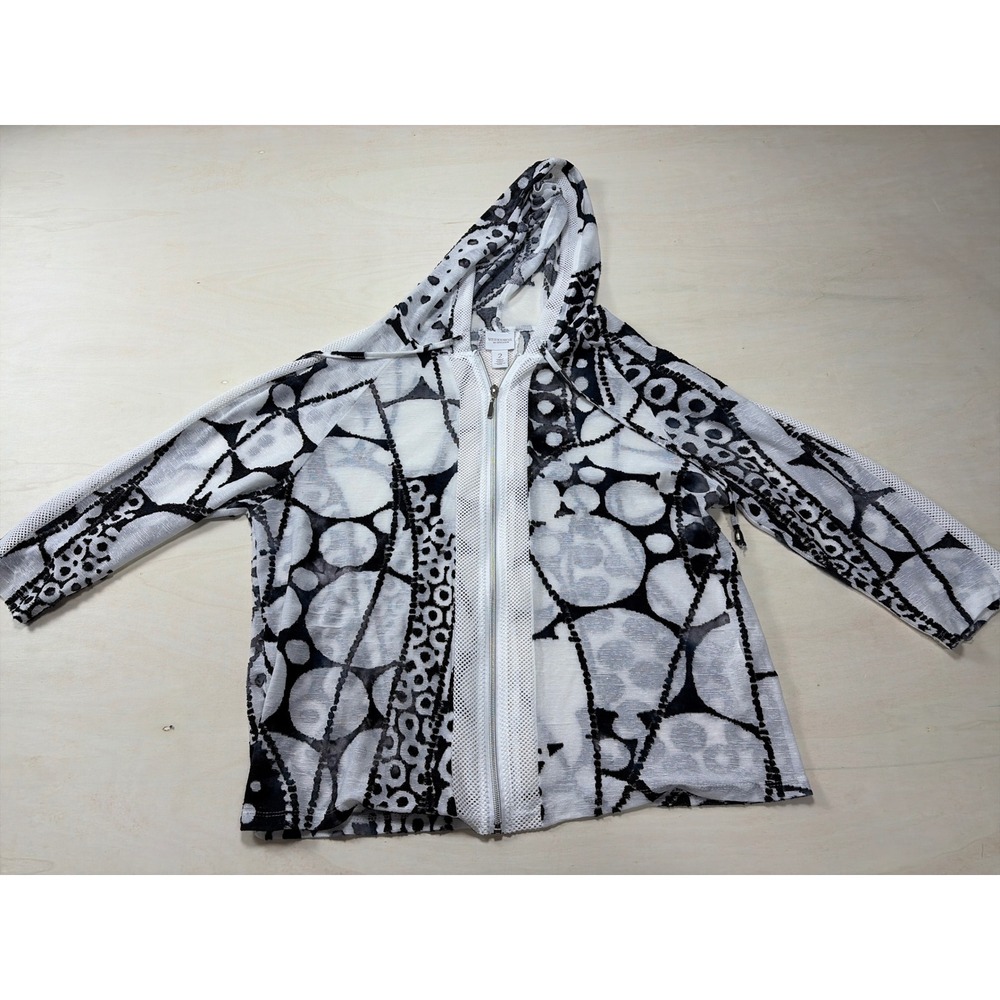 Weekends by Chicos Black White Abstract Burnout Mesh Full Zip Hoodie Jacket Sz 2
